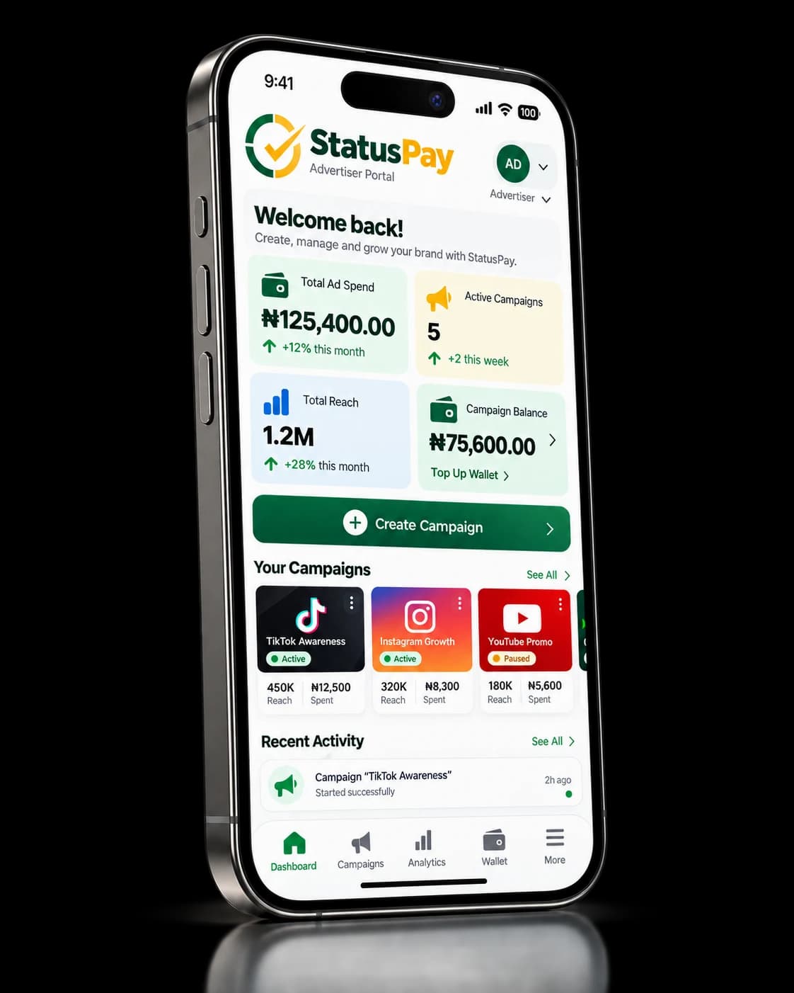 StatusPay Advertiser Portal on a phone showing the campaign dashboard