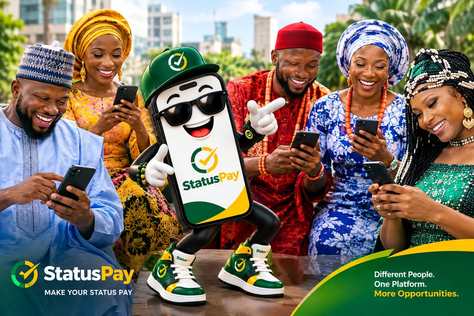People in Nigerian traditional dress smiling at their phones around the StatusPay mascot